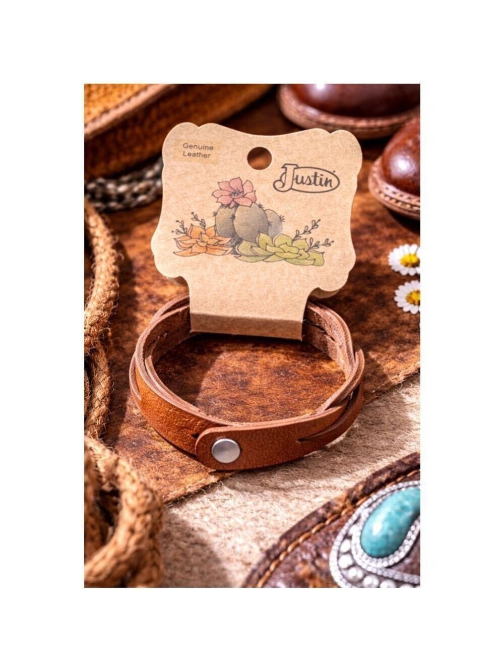 Justin Genuine Leather Wrap Bracelet | Western Rustic Boho Cuff | Brown Leather